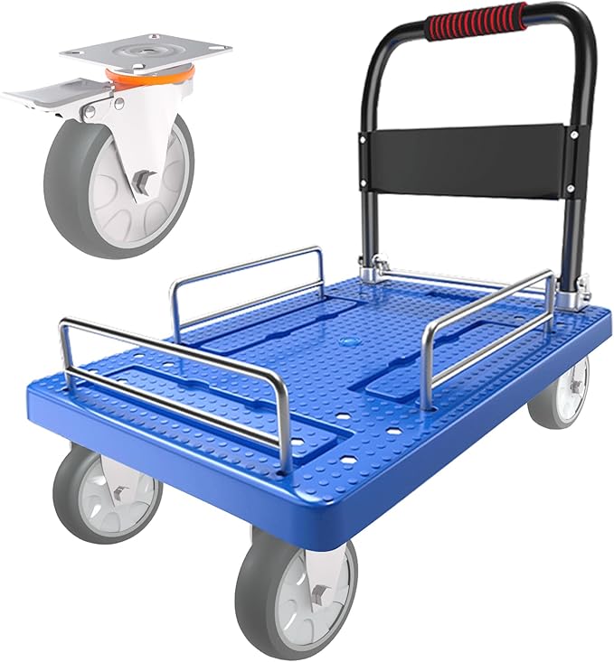 Heavy Duty Platform Truck Cart with Brake Wheels and Foldable Fences 1300lbs Capacity