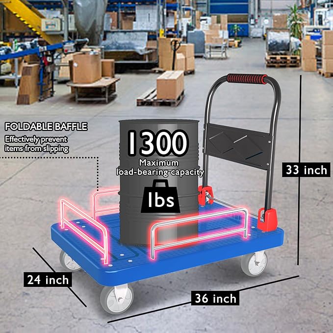 Heavy Duty Platform Truck Cart with Brake Wheels and Foldable Fences 1300lbs Capacity