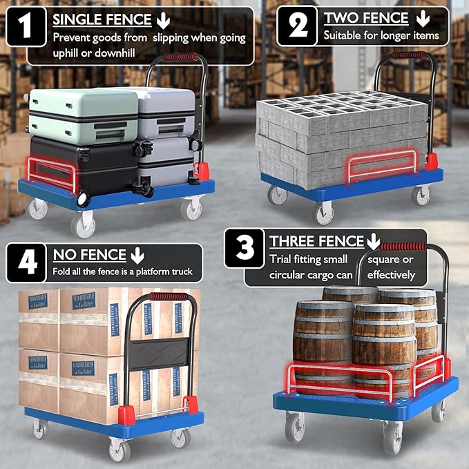 Heavy Duty Platform Truck Cart with Brake Wheels and Foldable Fences 1300lbs Capacity