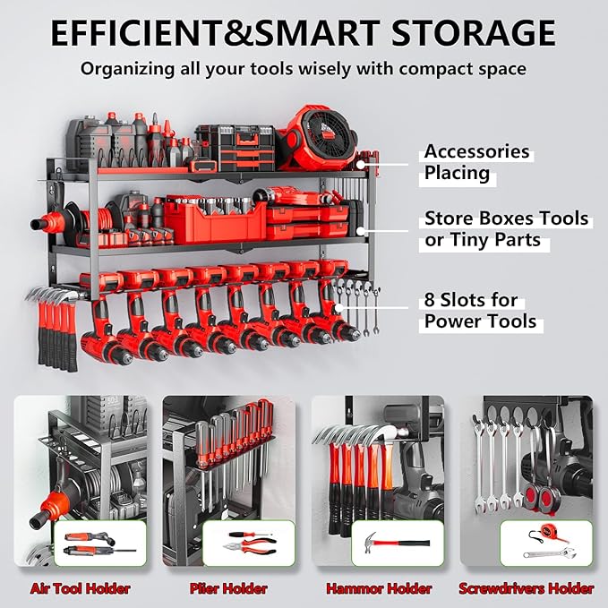 Power Tool Organizer Wall Mount 3 Layer 8 Drill Holders Tool Storage Rack