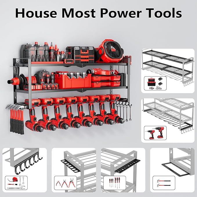 Power Tool Organizer Wall Mount 3 Layer 8 Drill Holders Tool Storage Rack